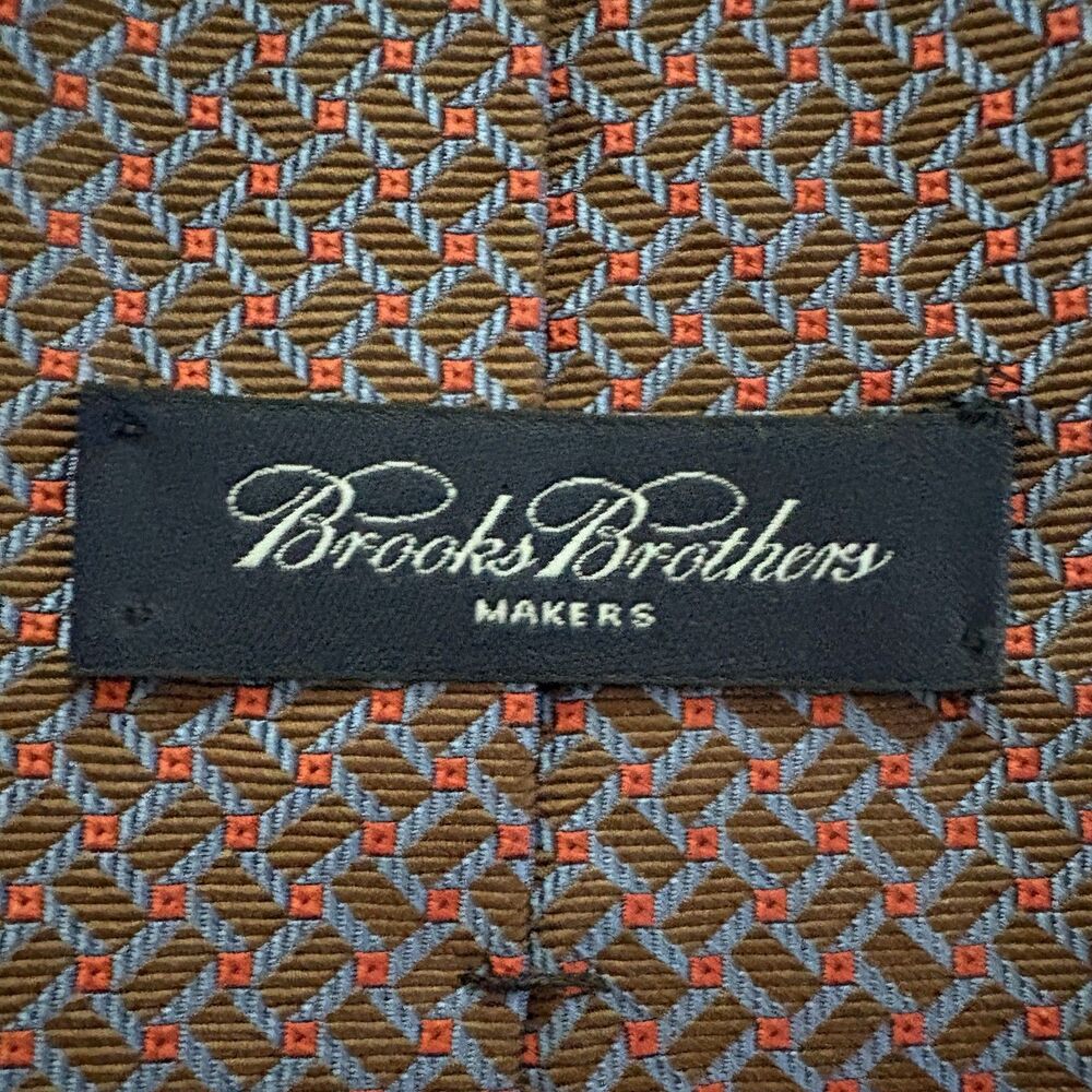 Brooks Brothers Makers Brown Blue Red Woven Geometric Silk Tide VTG Made In USA